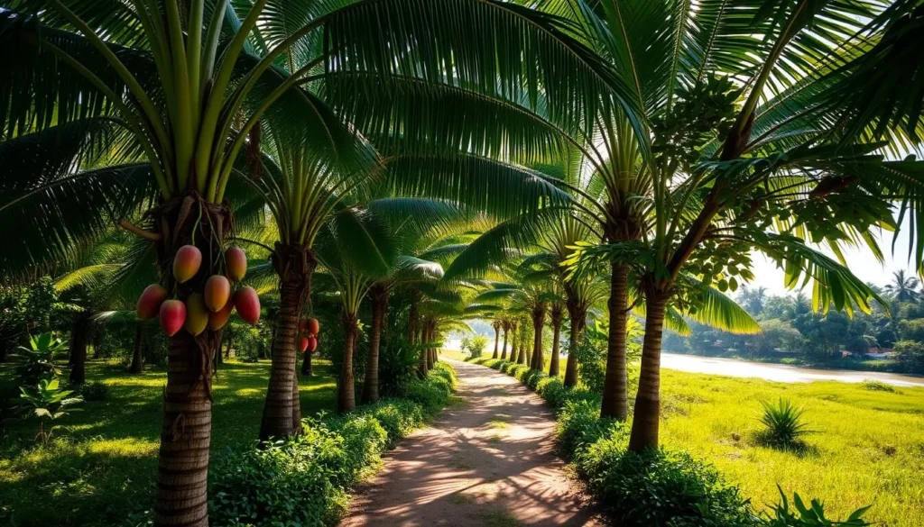 Lush, verdant orchards of the Mekong Delta, Vietnam. Towering palm trees sway gently in the warm breeze, casting dappled shadows on the sun-dappled ground below. Exotic tropical fruits hang heavy on the branches - ripe mangoes, sweet rambutans, and fragrant lychees. A winding dirt path leads through the orchard, inviting exploration. Soft, diffused lighting filters through the canopy, creating a serene, tranquil atmosphere. In the distance, the gentle flow of a nearby river can be heard. This idyllic scene captures the essence of the Mekong Delta's lush, fruitful landscapes, ready to be discovered and sampled.