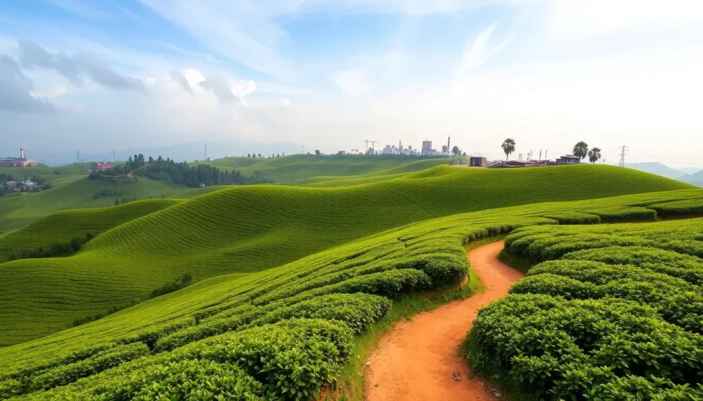 Lush verdant tea gardens sprawl across the undulating hills of Sylhet, Bangladesh. Rows of vibrant green tea bushes stretch out towards the horizon, interspersed with the occasional weathered tea processing factory. Wispy clouds drift lazily overhead, casting soft, diffused light across the serene landscape. In the foreground, a meandering path winds through the gardens, inviting visitors to explore the picturesque scene. The warm, earthy tones of the soil and the gentle slope of the terrain create a sense of tranquility and natural harmony. This idyllic tableau captures the essence of Sylhet's timeless charm and natural beauty.
