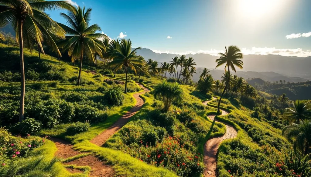 Lush, verdant trails wind through a serene Hawaiian landscape, bathed in warm, golden sunlight. Meandering paths snake between towering palm trees and vibrant foliage, leading hikers on a peaceful journey through the natural beauty of Pālāʻau State Park. The trails are flanked by vibrant wildflowers and framed by distant mountains, creating a picturesque scene that captures the essence of the island's untamed wilderness. Soft, diffused shadows dance across the ground, adding depth and dimension to the tranquil setting. Capture the tranquility and adventure of these captivating Hawaiian trails.