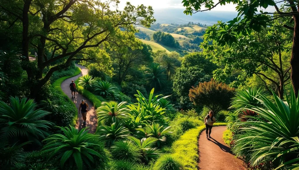 Lush, verdant trails wind through the serene Lyon Arboretum, surrounded by a tapestry of vibrant tropical foliage. Sunlight filters through the canopy, casting a warm, golden glow on the winding paths. In the foreground, hikers explore the well-maintained trails, taking in the serene atmosphere and diverse flora. The middle ground showcases the arboretum's impressive collection of native Hawaiian plants and trees, their shapes and colors creating a visually captivating scene. The background features the rolling hills and distant mountains that frame the arboretum, completing the picturesque landscape. Capture the essence of the tranquil trails and the lush, natural beauty of this oasis within Oahu.