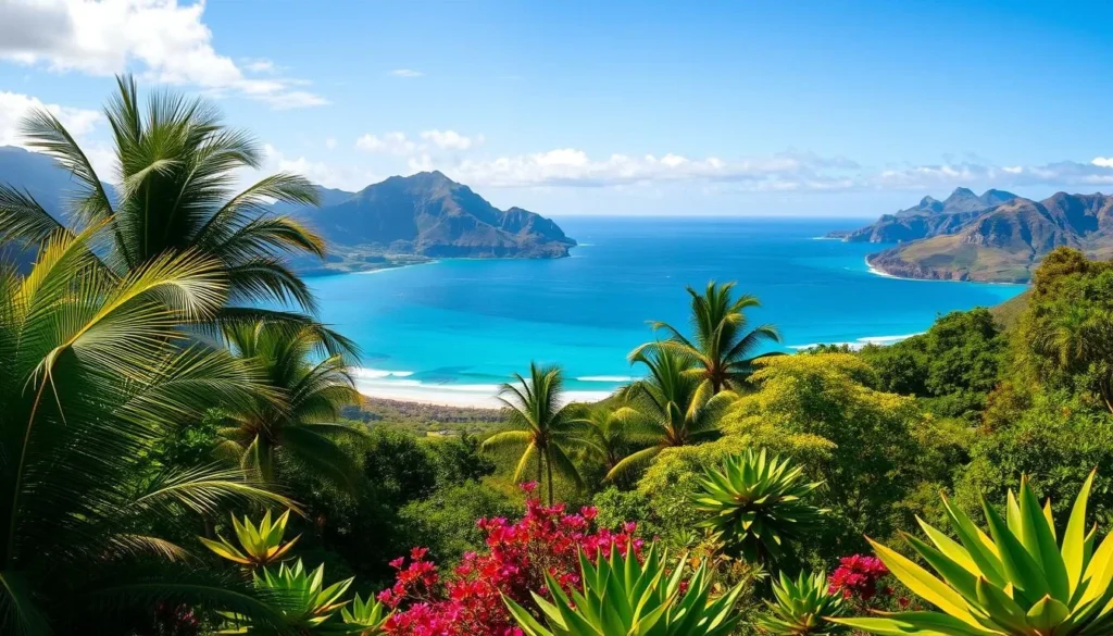 Lush, verdant tropical landscape of Hawaii's main island, with a vibrant palette of greens, blues, and earthy tones. In the foreground, swaying palm trees and vibrant flowering plants set against a backdrop of gently rolling hills and mountains. In the middle ground, a pristine azure ocean dotted with white-capped waves. Overhead, a bright, cloudless sky bathes the scene in warm, golden sunshine, creating a serene and tranquil atmosphere. The composition evokes the year-round temperate and pleasant climate that defines the Hawaiian islands, inviting the viewer to experience the natural beauty and paradise of this tropical destination.