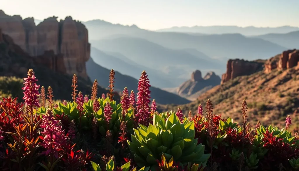 Lush, vibrant foliage fills the foreground of a sun-dappled Red Hills landscape. Rare, exotic plant species in shades of emerald, crimson, and amethyst stand tall, their delicate petals and leaves swaying gently in a soft breeze. In the middle ground, rugged sandstone formations rise, their weathered surfaces casting long shadows across the scene. Beyond, the hazy blue-green silhouettes of distant mountains frame the tranquil, naturalistic composition. The lighting is warm and golden, evoking a sense of tranquility and wonder at the natural beauty of this unique wilderness habitat.