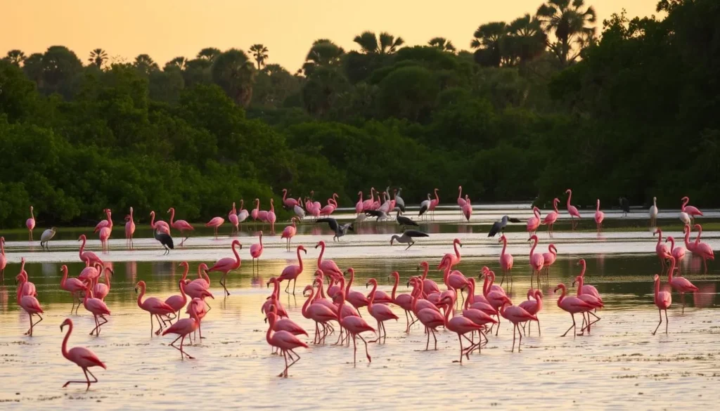 Lush wetlands of the Flamingo area in Everglades National Park, teeming with vibrant wildlife. In the foreground, a vibrant flock of flamingos gracefully wading in shallow waters, their striking pink plumage reflecting in the calm surface. Surrounding them, a diverse array of herons, egrets, and other wading birds foraging for prey. In the middle ground, mangrove forests cast soft, dappled shadows, creating an ethereal atmosphere. In the distance, the horizon is punctuated by the silhouettes of cypress trees against a warm, golden sky, bathed in the gentle glow of the afternoon sun. The scene exudes a sense of tranquility and harmony, capturing the essence of this unique and captivating ecosystem.