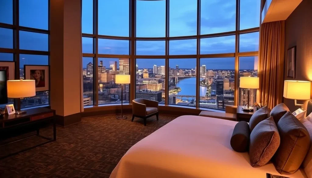 Luxurious hotel room in Rochester with views of the city skyline and Genesee River Luxurious hotel room in Rochester with views of the city skyline and Genesee River
