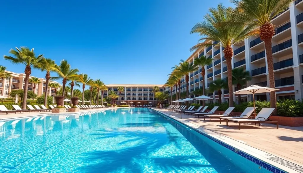 Luxury Orlando resort hotel with pool and palm trees Luxury Orlando resort hotel with pool and palm trees