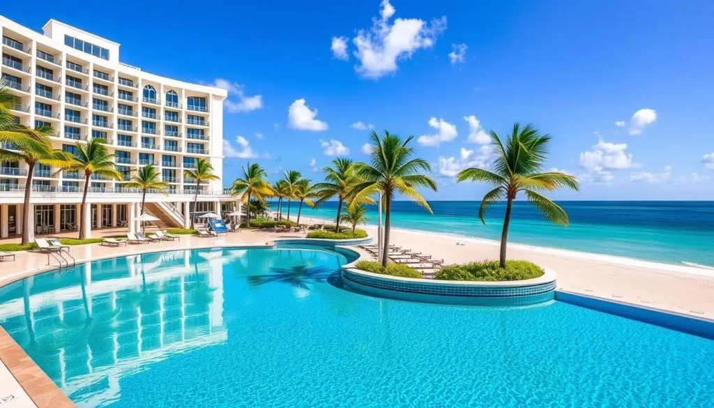 Luxury beachfront hotel in Miami Beach with pool and palm trees Luxury beachfront hotel in Miami Beach with pool and palm trees