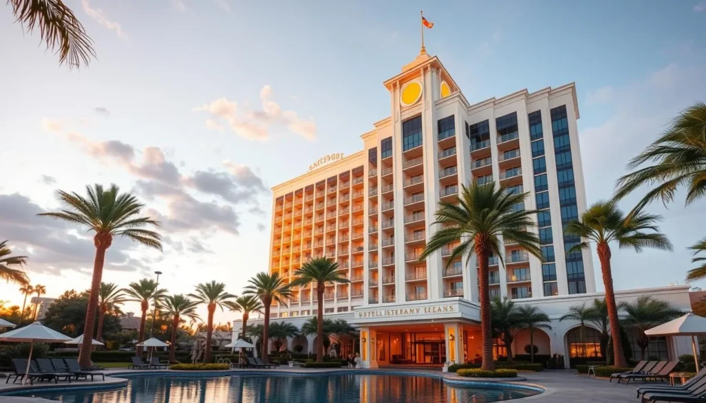 Luxury hotel in Anaheim California with swimming pool and palm trees Luxury hotel in Anaheim California with swimming pool and palm trees