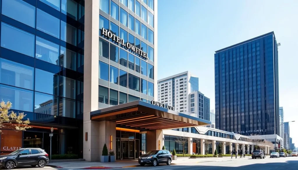 Luxury hotel in downtown Oakland with the city skyline visible Luxury hotel in downtown Oakland with the city skyline visible