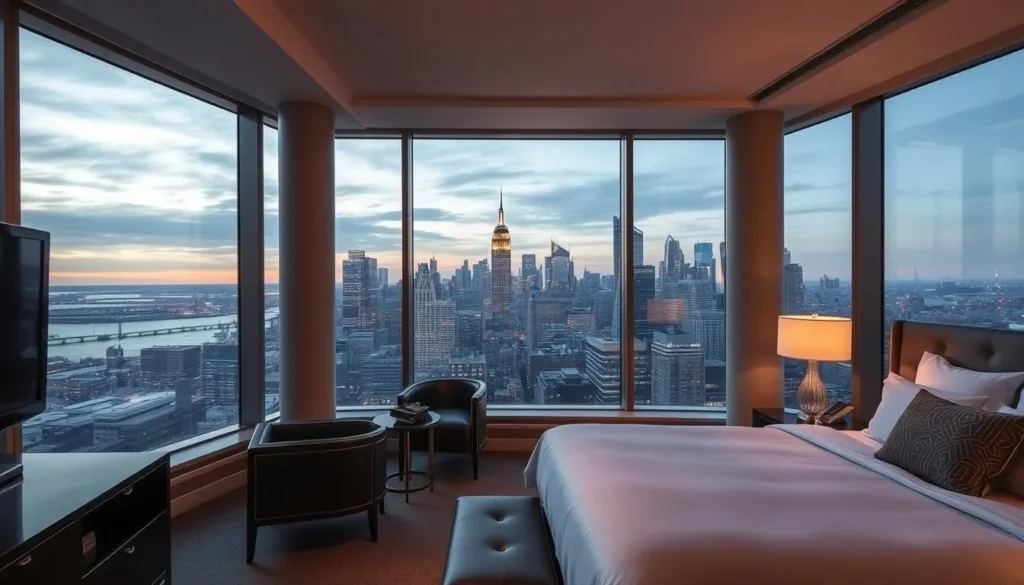 Luxury hotel room in Jersey City with Manhattan skyline view Luxury hotel room in Jersey City with Manhattan skyline view