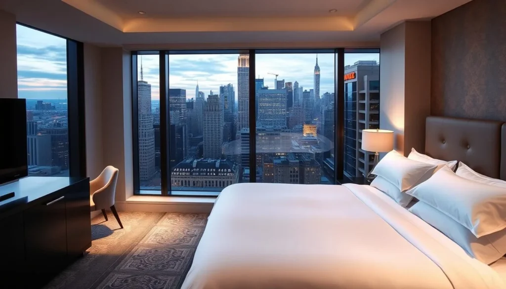 Luxury hotel room in New York City with a view of the Manhattan skyline through large windows - perfect accommodation for exploring the best things to do in New York City Luxury hotel room in New York City with a view of the Manhattan skyline through large windows - perfect accommodation for exploring the best things to do in New York City