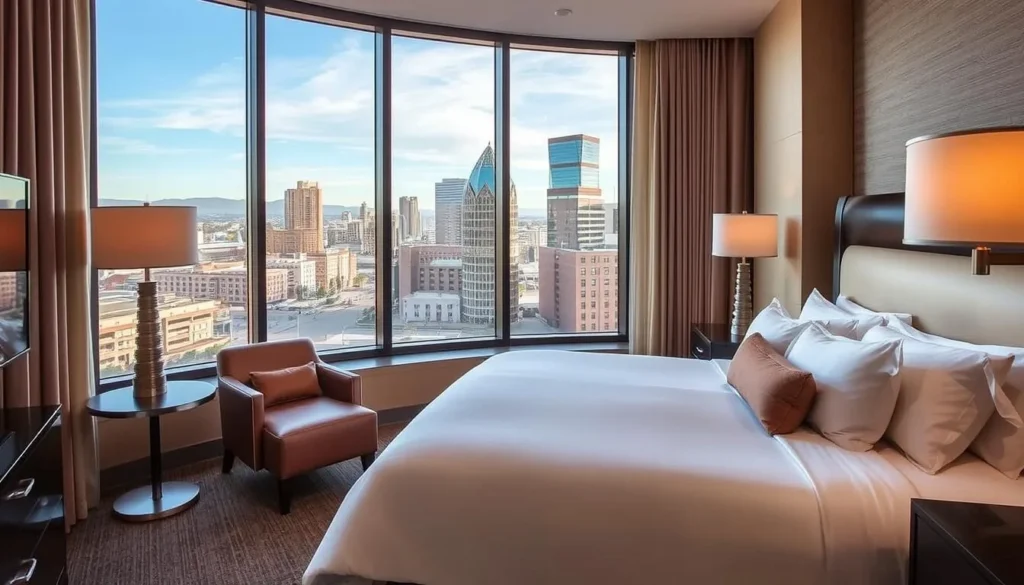 Luxury hotel room in Sacramento with view of downtown skyline