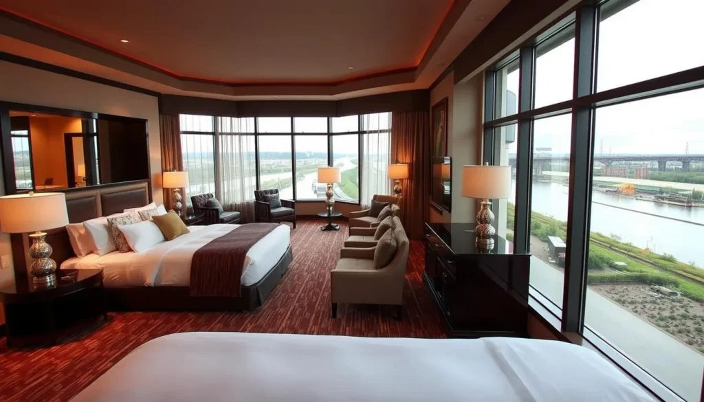 Luxury hotel room in Shreveport with elegant furnishings and a view of the Red River Luxury hotel room in Shreveport with elegant furnishings and a view of the Red River