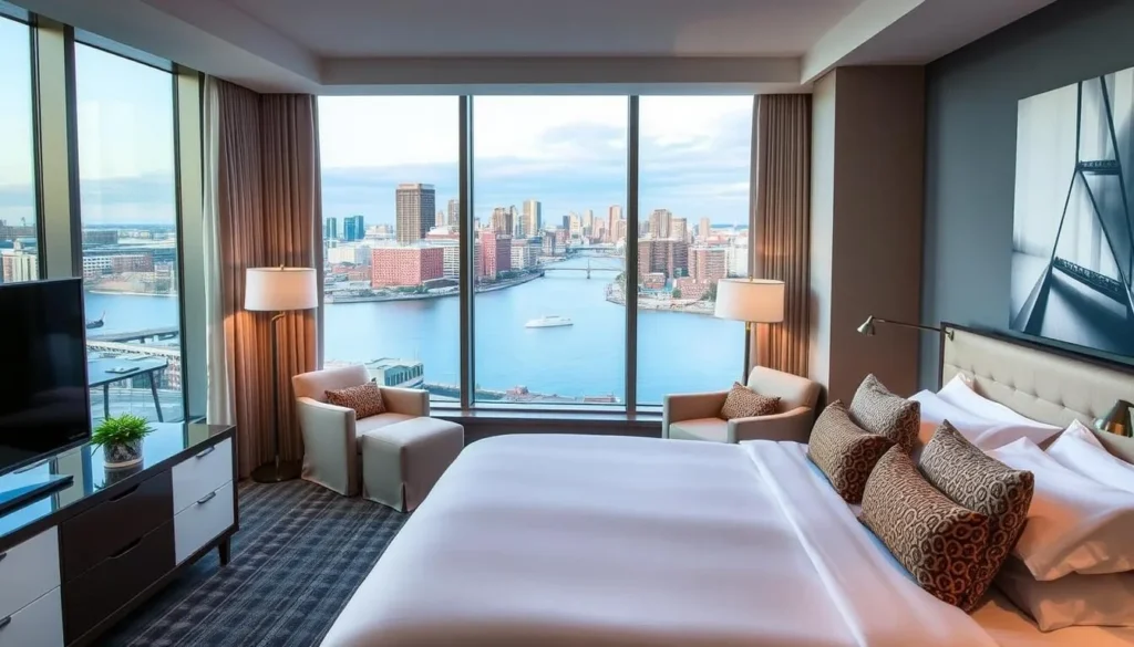 Luxury hotel room overlooking the Charles River in Cambridge, Massachusetts Luxury hotel room overlooking the Charles River in Cambridge, Massachusetts