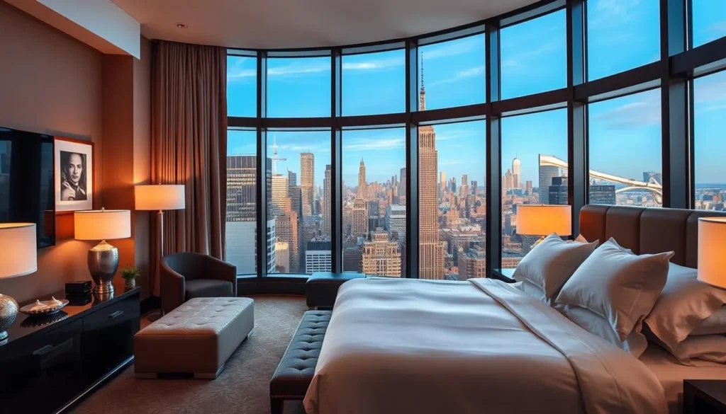Luxury hotel room with Manhattan skyline view through large windows Luxury hotel room with Manhattan skyline view through large windows