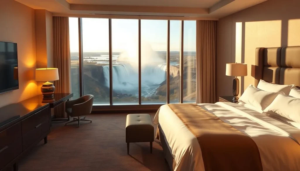 Luxury hotel room with a view of Niagara Falls, showcasing accommodation options in Niagara County, New York Luxury hotel room with a view of Niagara Falls, showcasing accommodation options in Niagara County, New York