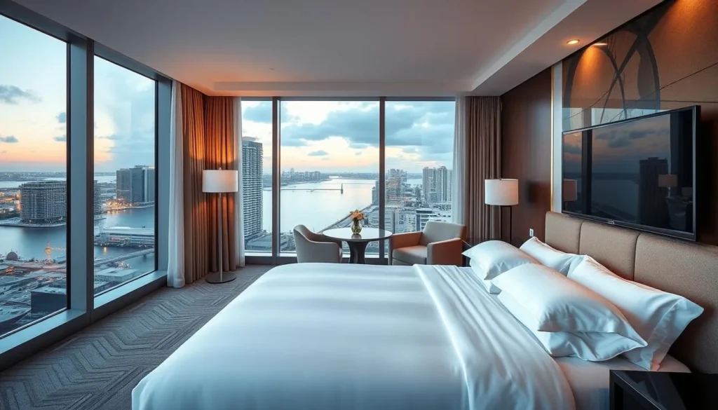 Luxury hotel room with view of Tampa Bay and downtown skyline through large windows Luxury hotel room with view of Tampa Bay and downtown skyline through large windows
