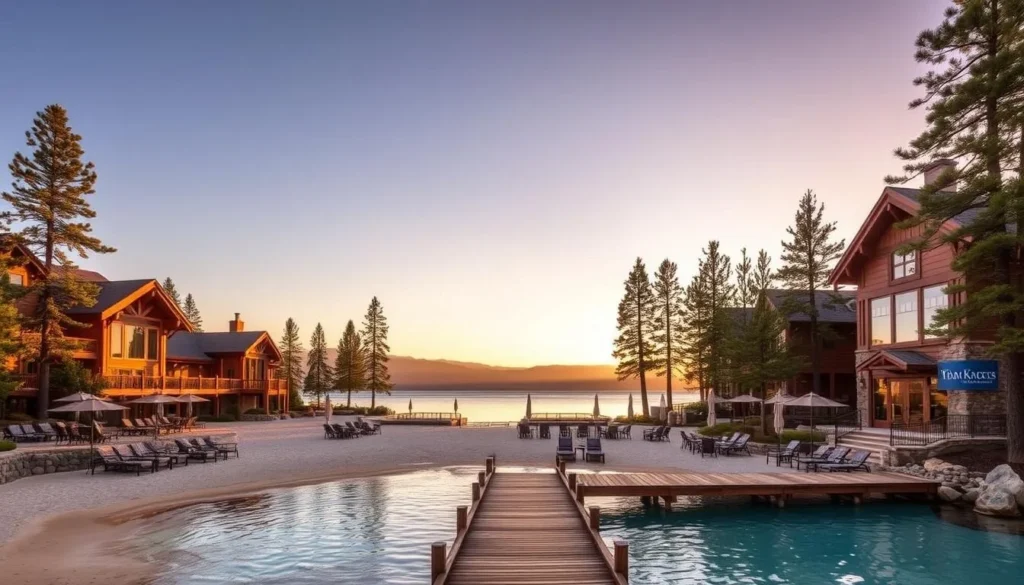 Luxury lakefront resort at Lake Tahoe, Nevada with mountain views and beach access Luxury lakefront resort at Lake Tahoe, Nevada with mountain views and beach access