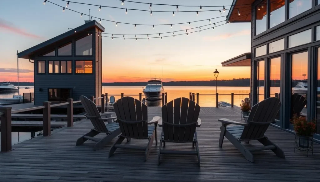 Luxury lakeside accommodation at Lake Minnetonka with deck overlooking the water at sunset Luxury lakeside accommodation at Lake Minnetonka with deck overlooking the water at sunset