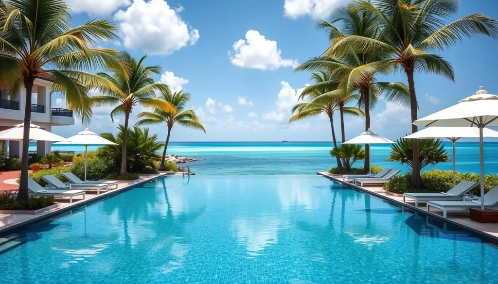 Luxury resort pool overlooking Shoal Bay Beach in Anguilla