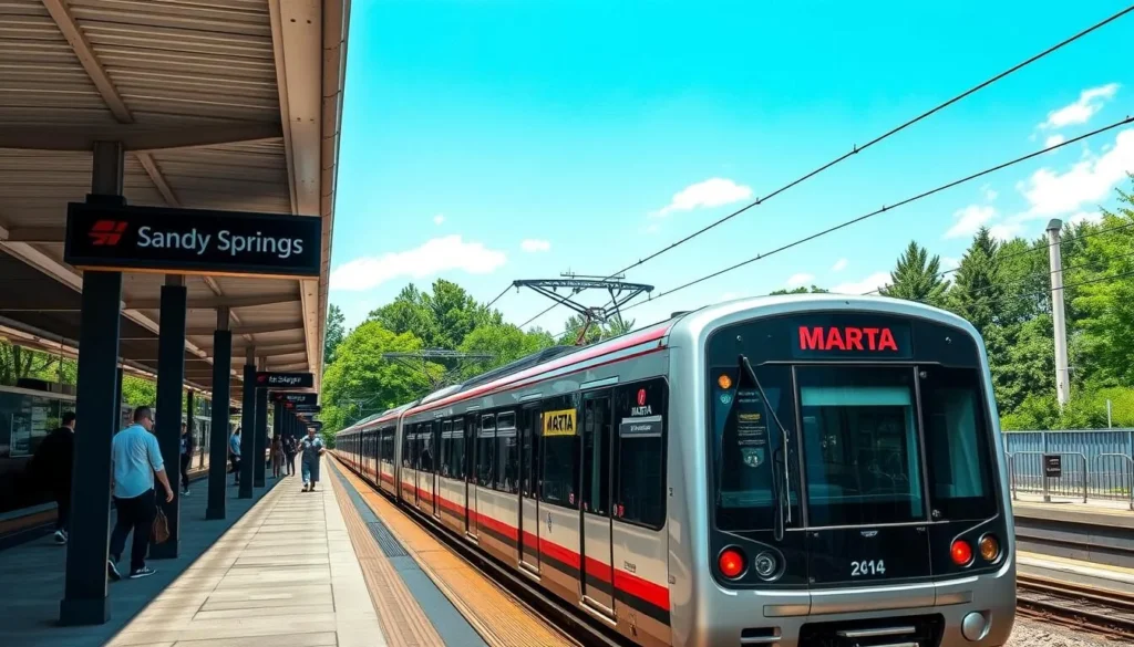 MARTA train station in Sandy Springs with passengers boarding
