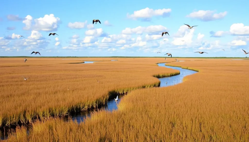 Mackay Island National Wildlife Refuge on Knotts Island, North Carolina with waterfowl and marshland Mackay Island National Wildlife Refuge on Knotts Island, North Carolina with waterfowl and marshland