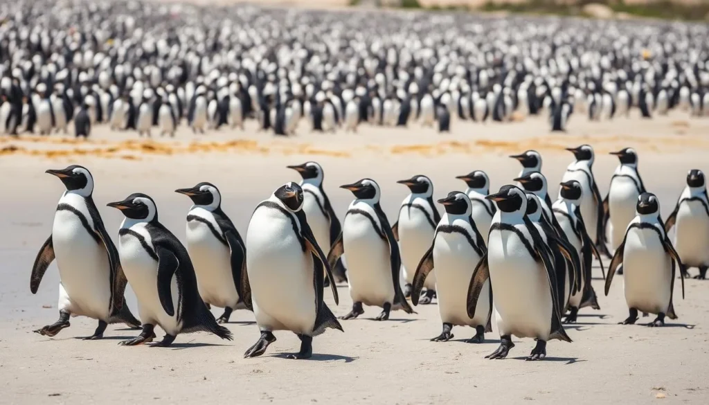 Magellanic penguins walking on the beach at Punta Tombo reserve near Puerto Madryn Magellanic penguins walking on the beach at Punta Tombo reserve near Puerto Madryn