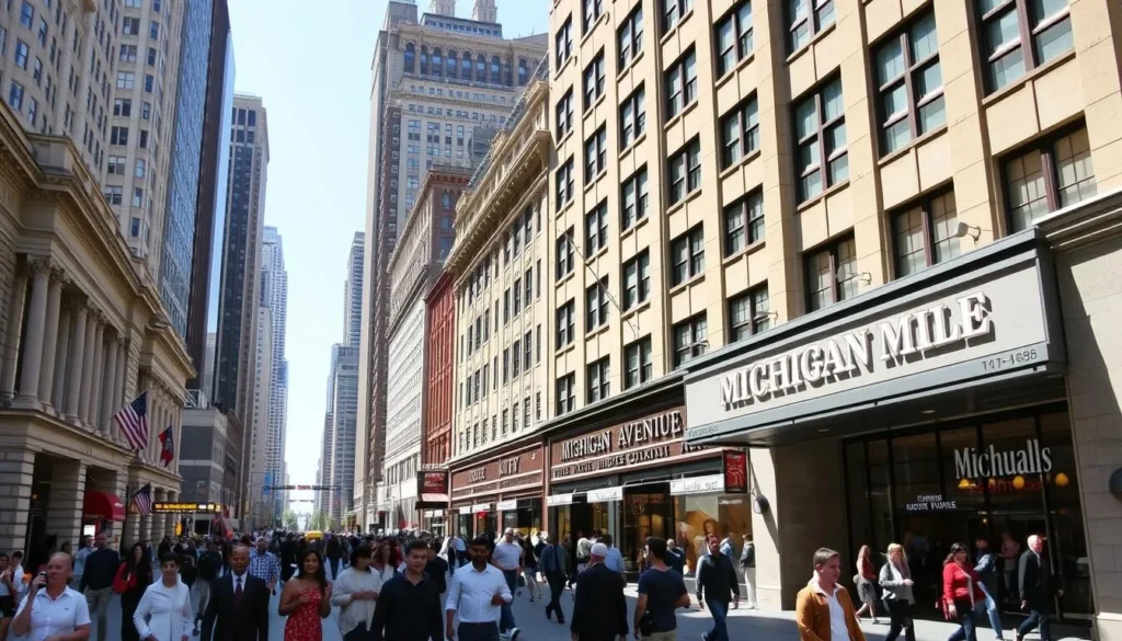 Magnificent Mile on Michigan Avenue in Chicago showing upscale shops, historic buildings, and busy street life Magnificent Mile on Michigan Avenue in Chicago showing upscale shops, historic buildings, and busy street life