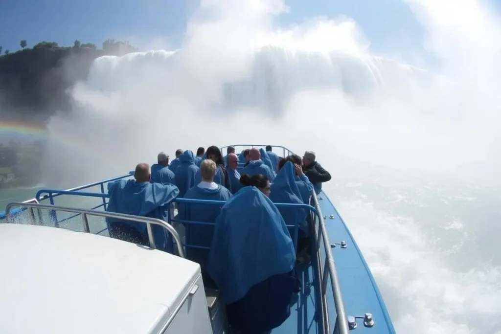 Maid of the Mist boat approaching the base of Niagara Falls with passengers in blue ponchos Maid of the Mist boat approaching the base of Niagara Falls with passengers in blue ponchos