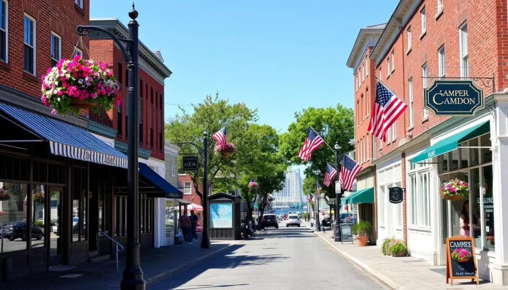 Main Street in Camden with charming shops, restaurants, and historic buildings Main Street in Camden with charming shops, restaurants, and historic buildings