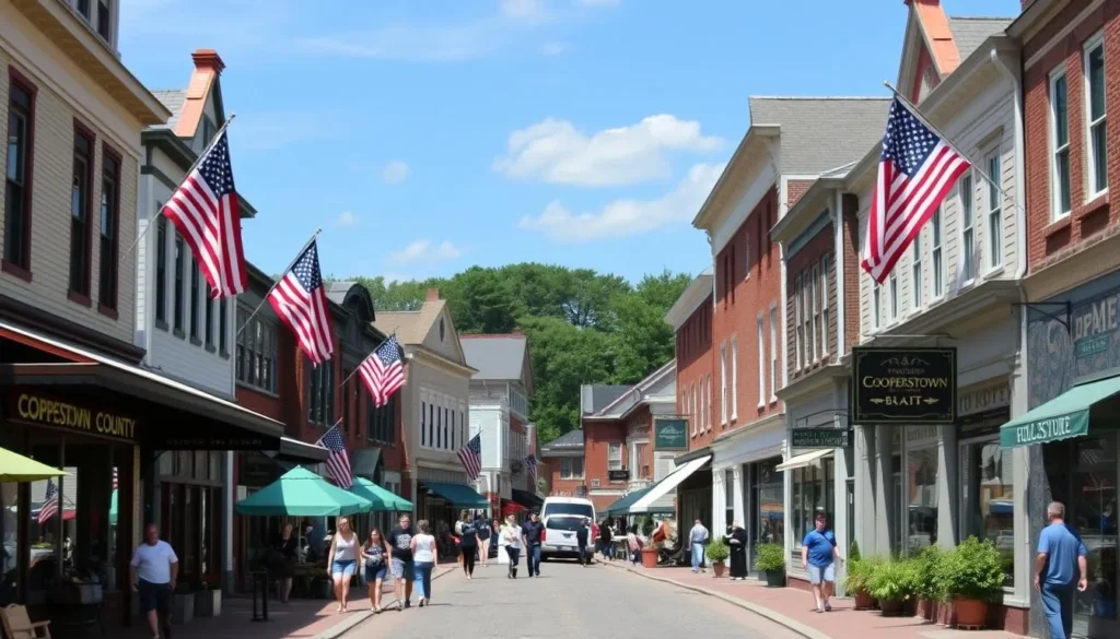 Main Street in Cooperstown with historic buildings, shops, and visitors exploring the charming downtown Main Street in Cooperstown with historic buildings, shops, and visitors exploring the charming downtown