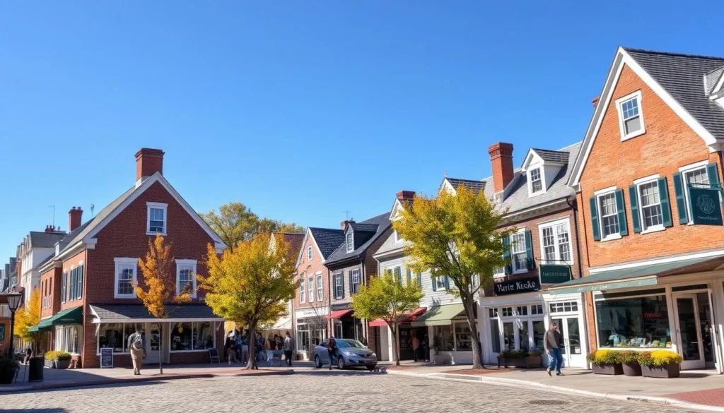 Main Street in Nantucket during early autumn with colorful foliage and historic buildings Main Street in Nantucket during early autumn with colorful foliage and historic buildings