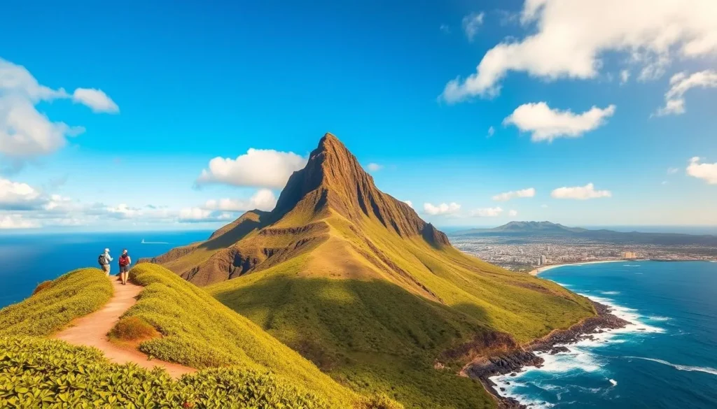 Majestic Diamond Head Volcano, its iconic silhouette rising against a brilliant azure sky. Lush, verdant slopes cascading down to a sun-dappled coastline, where waves crash against volcanic rock. Hikers ascend the winding trail, capturing panoramic vistas of the Pacific Ocean and Honolulu's distant skyline. Warm, golden light bathes the scene, evoking the idyllic tranquility of this Hawaiian landmark. A telephoto lens captures the dramatic, sculptural form of the crater, its distinct ridges and peaks standing in stark relief. Convey the awe-inspiring grandeur and natural beauty of this beloved state monument.
