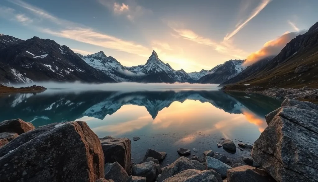 Majestic Finsteraarhorn peaks at dawn, their snow-capped summits bathed in golden hues as the first rays of sun peek over the horizon. A crystal-clear alpine lake reflects the dramatic mountain silhouettes, creating a serene and mirror-like surface. In the foreground, rugged cliffs and boulders frame the tranquil scene, while wispy clouds drift lazily across the sky. Capture this breathtaking moment through a wide-angle lens, showcasing the grandeur and unspoiled beauty of the Swiss Alps.
