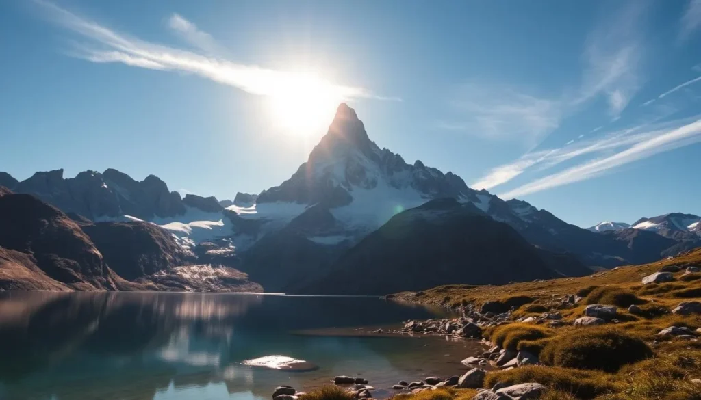 Majestic Lyskamm Mountain, a towering peak nestled in the Swiss Alps, stands tall against a clear, azure sky. The sun's warm rays illuminate the rugged, snow-capped summit, casting a soft glow across the surrounding glaciers and rocky terrain. In the foreground, a crystal-clear alpine lake reflects the mountain's impressive form, its still waters mirroring the grandeur of the scene. Wispy clouds drift lazily overhead, adding depth and dimension to the landscape. The mid-ground is dotted with lush, verdant vegetation, hinting at the vibrant life that thrives in this remote, awe-inspiring setting. Captured through the lens of a high-quality camera, this image invites the viewer to immerse themselves in the breathtaking beauty of the Lyskamm Mountain, a true gem of the Swiss Alps.