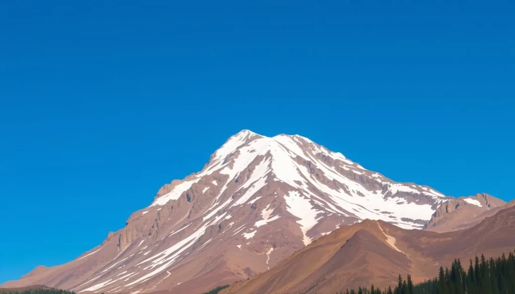 Majestic Mount Hood, its rugged volcanic peaks rising against a clear azure sky. Capture the geological wonders of this iconic Oregon landmark - jagged ridges, deep glacial valleys, and ancient lava flows. Showcase the breathtaking scenery with a wide-angle lens, allowing the viewer to fully immerse themselves in the grandeur of this natural wonder. Imbue the scene with a sense of tranquility and awe, as if the viewer is standing amidst the towering cliffs and glaciers, marveling at the timeless power of the earth's forces. Render this image with meticulous detail, highlighting the diverse textures and hues that define Mount Hood's unique geological features.