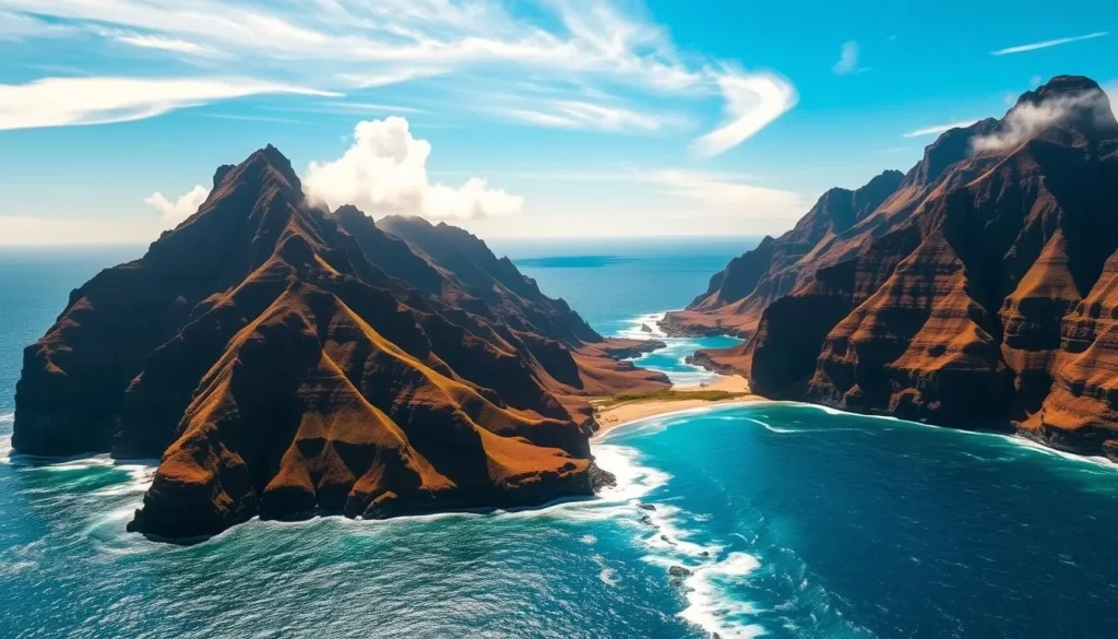 Majestic Napali Coast cliffs soar high above the azure waters of the Pacific, their jagged peaks sculpted by wind and waves. Towering sea-carved rock formations, draped in lush vegetation, rise dramatically from the crashing surf below. Warm sunlight filters through wispy cirrus clouds, casting a golden glow across the rugged landscape. A crystal-clear sky stretches endlessly overhead, complementing the scene's serene, tranquil atmosphere. Capture the grandeur of this untamed Hawaiian paradise, framed by the picturesque coastline and the boundless ocean horizon.