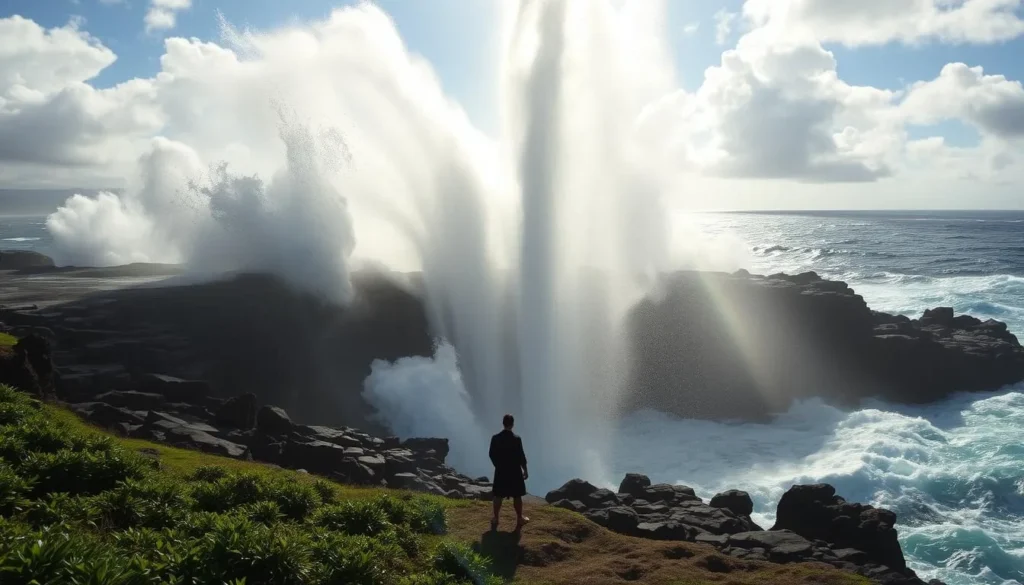 Majestic Spouting Horn blow hole, where the ocean's power erupts in a stunning display. Towering waves crash against the rocky shore, sending plumes of water high into the air. The sun's rays dance on the mist, creating a mesmerizing rainbow. In the foreground, a mysterious figure, perhaps a local legend, stands in reverence, captivated by the raw, primordial energy of this natural wonder. The lush, verdant landscape surrounds the scene, adding depth and a sense of timelessness. Capture the awe-inspiring beauty and the ancient tales that have been passed down about this captivating Hawaiian landmark.
