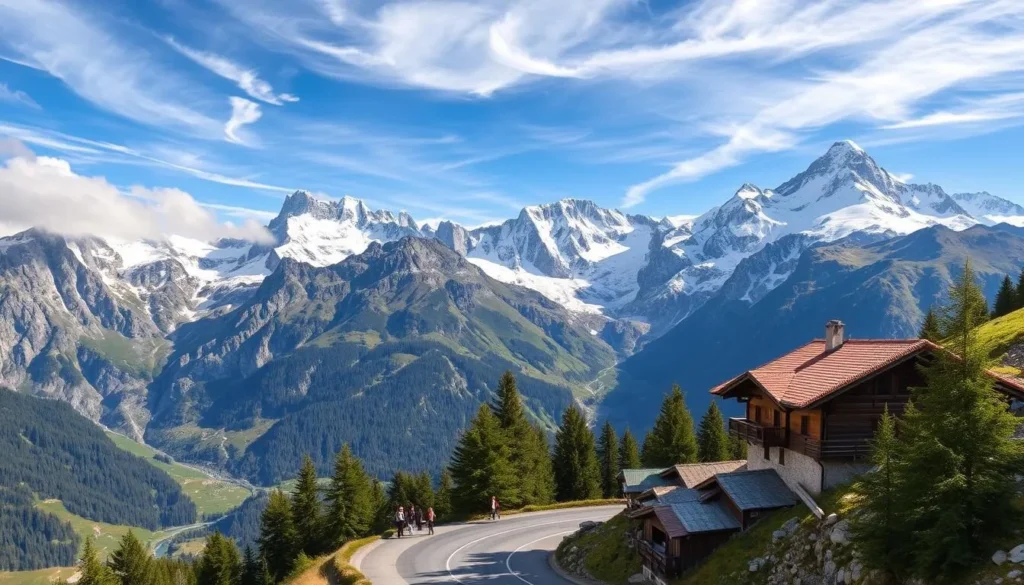 Majestic Swiss Alps in the summer, a scenic tour through snow-capped peaks and lush alpine meadows. Capture the grandeur of the towering mountains, their rugged cliffs and slopes painted in hues of gray, green, and white. Sunlight filters through wispy clouds, casting a warm glow over the landscape. In the foreground, a winding mountain road leads the way, flanked by pine forests and crystal-clear streams. Hikers and mountaineers explore the trails, taking in the breathtaking vistas. The mid-ground showcases a traditional Swiss chalet, its wooden exterior and red-tiled roof blending seamlessly with the natural surroundings. Panoramic view of the majestic peaks in the background, their snow-capped summits reaching towards the azure sky.