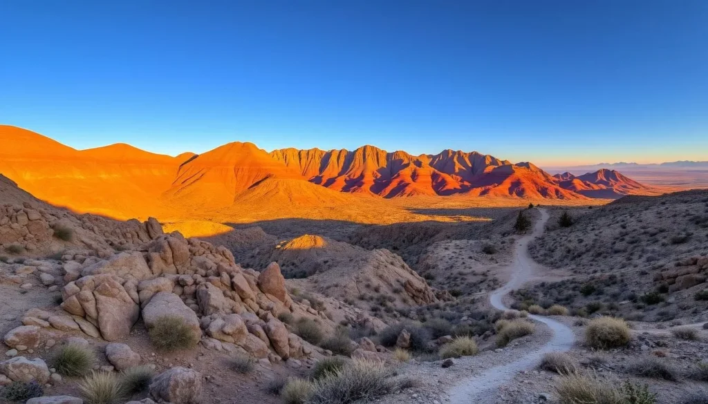 Majestic red hills rise majestically against a clear blue sky, bathed in warm golden sunlight. In the foreground, weathered rock formations and sparse desert vegetation create a rugged, textured landscape. Winding paths meander through the undulating terrain, inviting exploration. Distant peaks, hazy in the haze, add depth and a sense of scale to the scene. The overall atmosphere is one of tranquility and timeless beauty, capturing the essence of this unique and captivating California landscape.