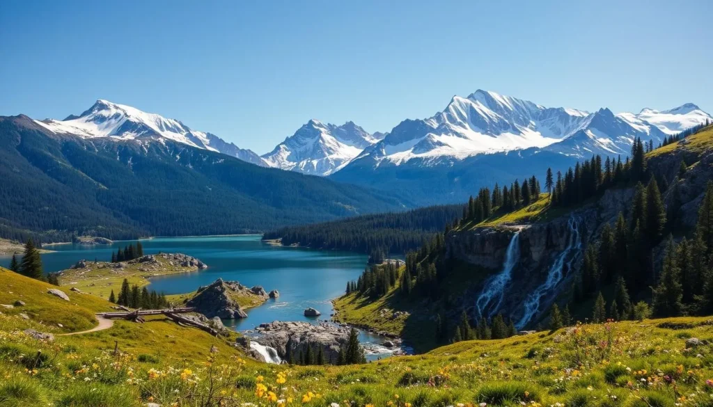 Majestic snow-capped mountains rise majestically against a clear azure sky, their rugged peaks framed by lush evergreen forests. Sparkling alpine lakes reflect the surrounding landscape, their tranquil waters dotted with boulders and driftwood. Cascading waterfalls tumble over granite cliffs, their mist-shrouded plumes catching the warm sunlight. Wildflowers carpet the rolling meadows, swaying gently in a light breeze. A serene, awe-inspiring wilderness landscape, brimming with natural beauty and tranquility.