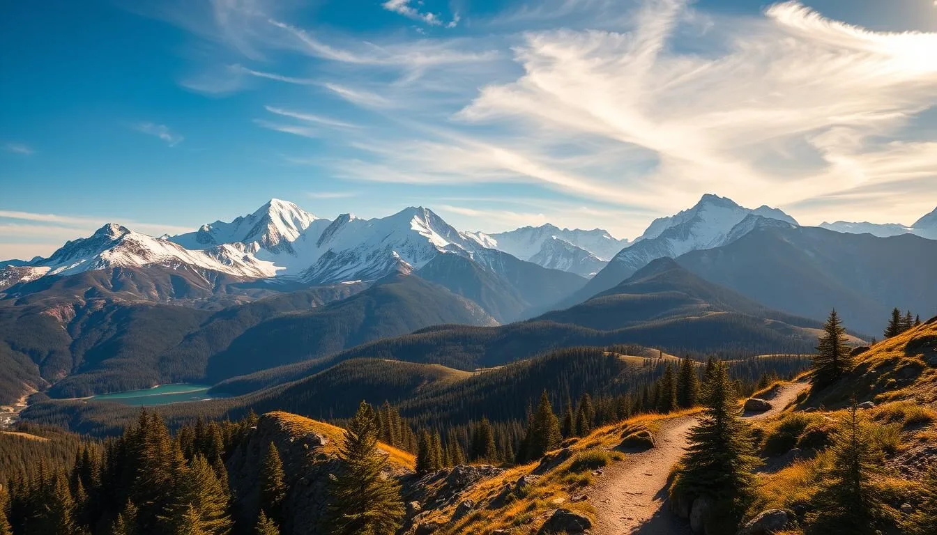Majestic snow-capped peaks of the Sierra Nevada mountain range, rising majestically against a clear azure sky. Lush evergreen forests cover the rolling foothills, dotted with glistening alpine lakes and cascading waterfalls. Warm sunlight filters through wispy clouds, casting a serene, golden glow over the rugged landscape. In the foreground, a winding trail leads hikers through the breathtaking scenery, inviting exploration of this natural wonder. Capture the grandeur and tranquility of this iconic California landscape in a detailed, realistic rendering.