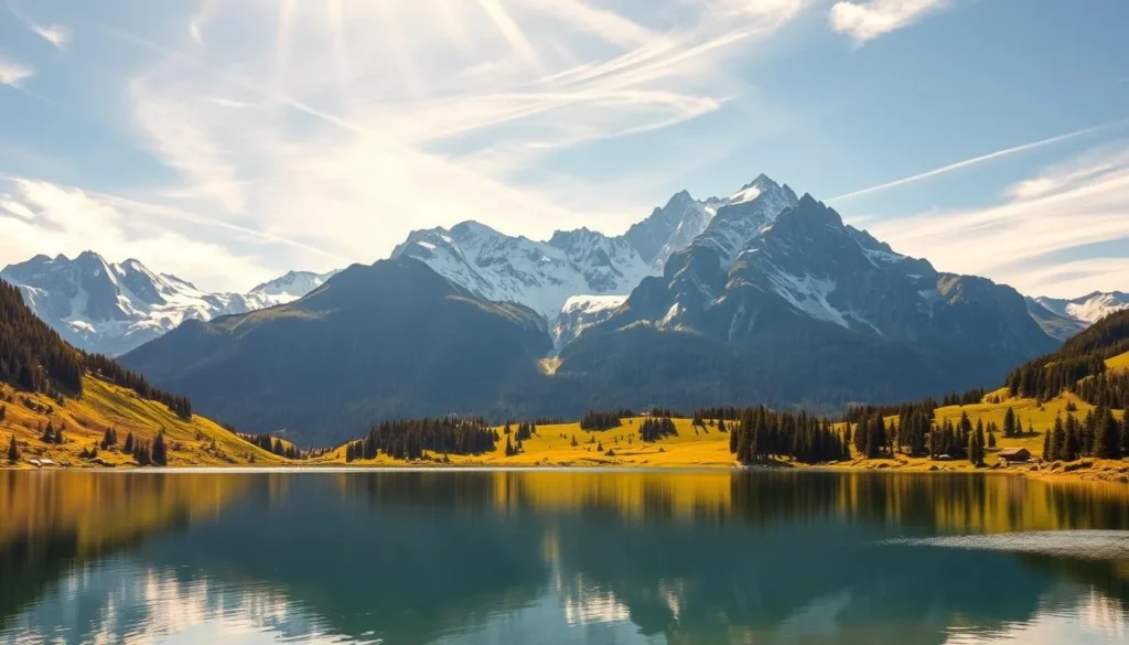 Majestic snow-capped peaks rising against a clear azure sky, their rugged slopes dotted with lush alpine meadows and dense evergreen forests. In the foreground, a serene mountain lake reflects the tranquil scene, its glassy surface mirroring the surrounding peaks. Warm sunlight filters through wispy clouds, casting a golden glow over the idyllic landscape. The scene evokes a sense of peaceful solitude, perfect for immersing oneself in the natural beauty of the Swiss Alps during the vibrant summer season.