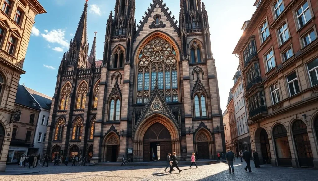 Majestic stone cathedral with ornate gothic architecture, its towering spires and intricate facade bathed in warm, golden sunlight. Intricate stained glass windows glimmer, casting a kaleidoscope of colorful shadows across the grand, vaulted interior. Worshippers pass reverently through the massive oak doors, their silhouettes adding a sense of scale and human presence. The surrounding cobblestone streets are lined with quaint historic buildings, creating an atmosphere of timeless, old-world charm. Capture the essence of Dortmund's historic architectural legacy in a crisp, realistic rendering.