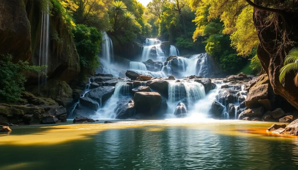 Majestic waterfalls cascading through lush, verdant foliage in Wailuku River State Park, The Big Island, Hawaii. Towering basalt cliffs frame the scene, with sunlight streaming through the canopy, casting warm, golden hues across the rushing waters. The foreground features a serene pool, its surface reflecting the surrounding natural beauty. In the middle ground, multiple waterfalls tumble over rocky outcroppings, their flow creating a mesmerizing display of power and grace. The background showcases the verdant, tropical landscape, hinting at the park's diverse ecosystem. Capture this stunning natural wonder in vibrant, high-resolution detail, with a focus on the park's spectacular waterfalls.