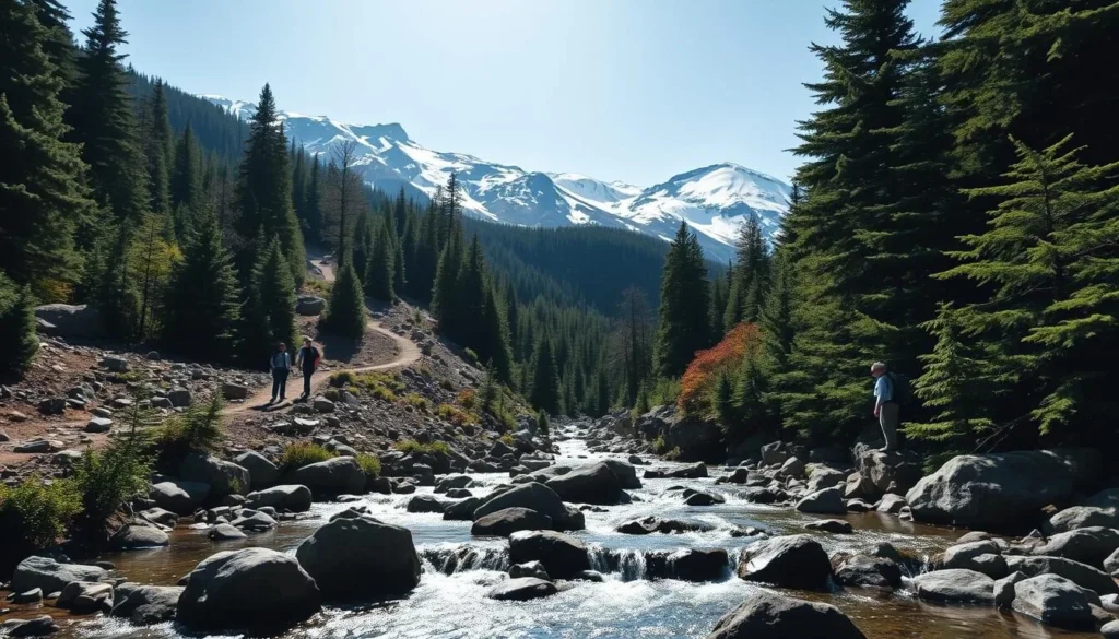 Majestic white-capped peaks rise in the distance, their slopes crisscrossed by winding hiking trails that wind through dense evergreen forests. Hikers traverse narrow footpaths, their steps crunching on a carpet of fallen leaves and pine needles. Sunlight filters through the canopy, casting a warm glow over the scene. In the foreground, a crystal-clear mountain stream babbles over smooth rocks, its waters reflecting the surrounding natural beauty. The air is crisp and clean, infused with the earthy scents of the wilderness. An atmosphere of tranquility and adventure pervades this picturesque New Hampshire landscape.