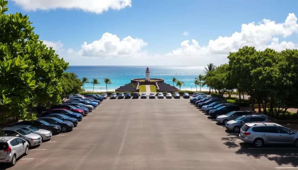 Makapuu Beach Park parking lot on a sunny Hawaiian day. A vast expanse of asphalt framed by lush green foliage, dotted with rows of neatly parked cars under the warm glow of the midday sun. In the distance, the shimmering azure waters of the Pacific Ocean and the iconic silhouette of Makapuu Lighthouse. Capture the tranquil atmosphere, the easy flow of visitors arriving and departing, the sense of anticipation for the beach adventure ahead. Use a wide-angle lens to convey the scale and serenity of this well-appointed parking area, a functional yet picturesque gateway to the natural wonders of Makapuu Beach Park.