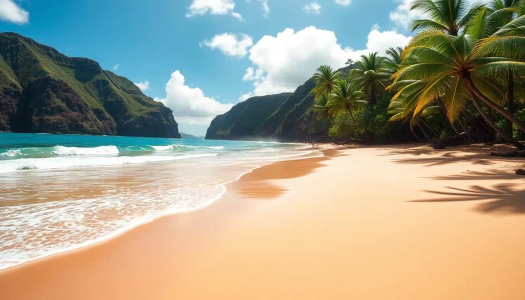 Mākena State Park, a stunning beach paradise on the island of Maui, Hawaii. Capture the serene, turquoise waters lapping against the golden sand, framed by lush, verdant cliffs and swaying palm trees. Bask in the warm, tropical sun, with a gentle breeze caressing the scene. Utilize a wide-angle lens to showcase the expansive, picturesque landscape, inviting viewers to imagine themselves strolling along the tranquil shoreline. Convey a sense of peaceful, natural beauty, highlighting the idyllic, unspoiled charm of this Hawaiian gem.