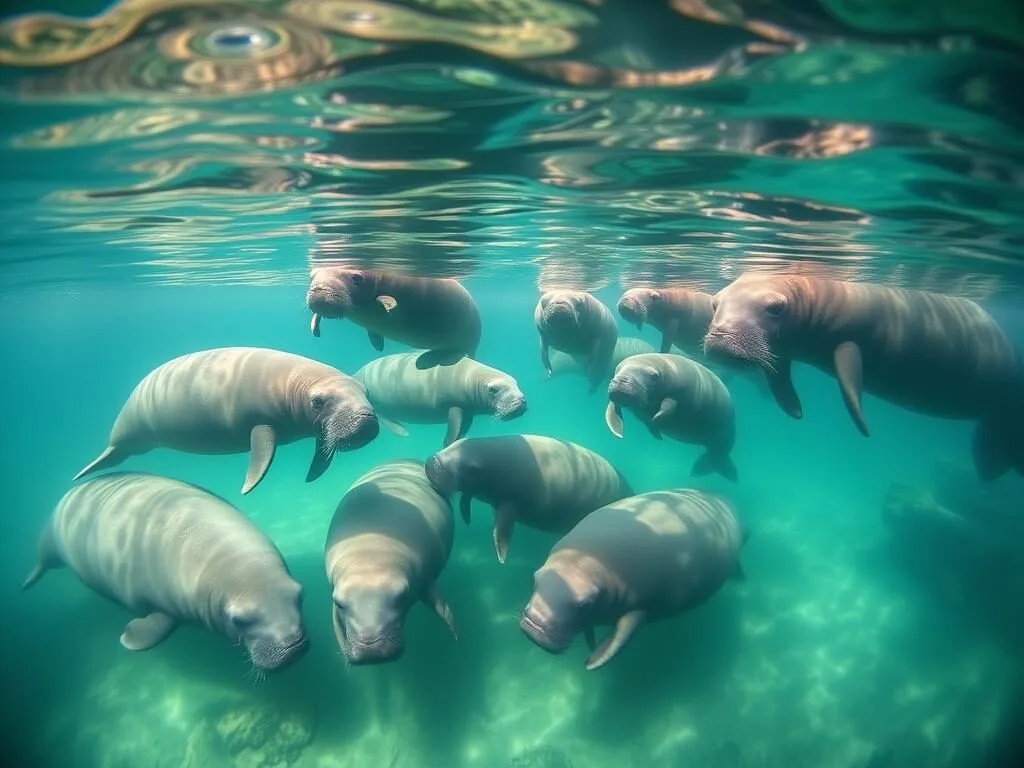 Manatees gathering in the warm waters of Weeki Wachee Springs during winter Manatees gathering in the warm waters of Weeki Wachee Springs during winter