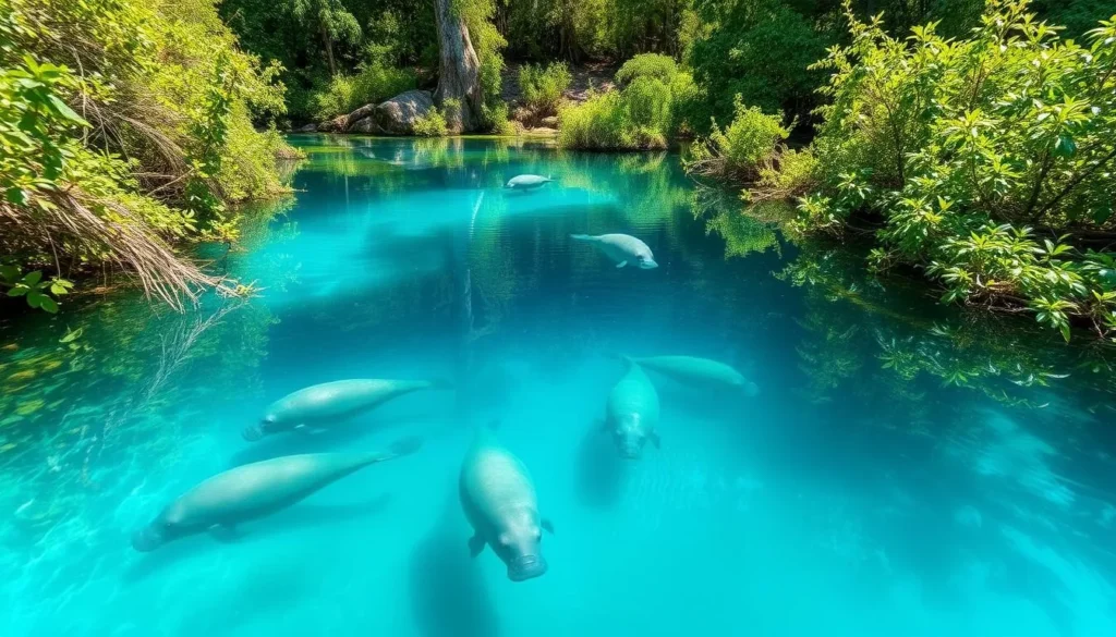Manatees swimming in the crystal clear waters of Blue Spring State Park in Volusia County, Florida Manatees swimming in the crystal clear waters of Blue Spring State Park in Volusia County, Florida