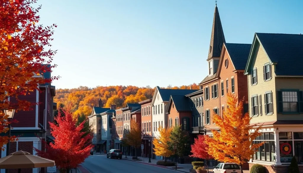 Manchester Vermont in autumn with colorful fall foliage surrounding historic buildings